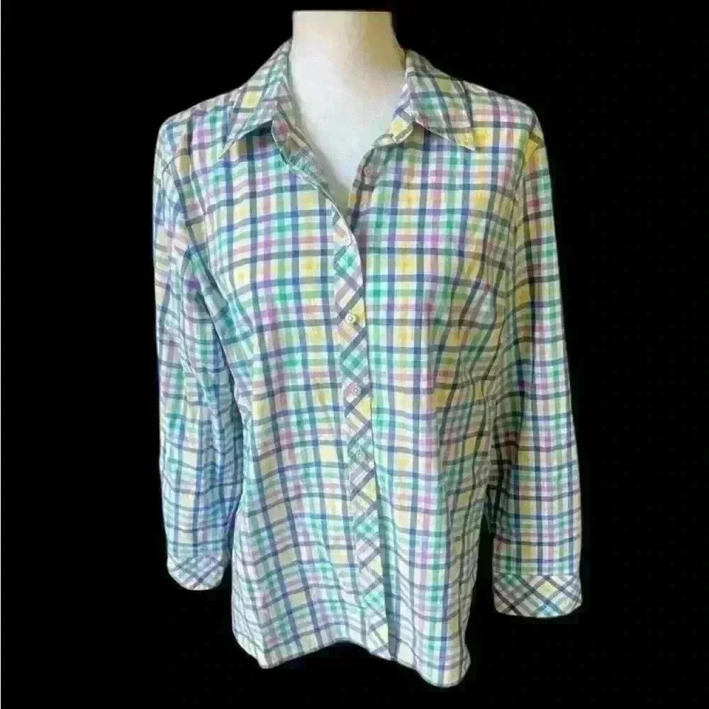 Talbots ladies cotton blouse Large. NWOT. Checker stripes colorful. Long sleeve - Picture 2 of 9